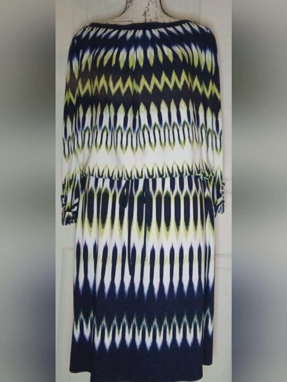 London Times Navy, White & Lime Chevron-Pattern Boatneck Midi Dress
